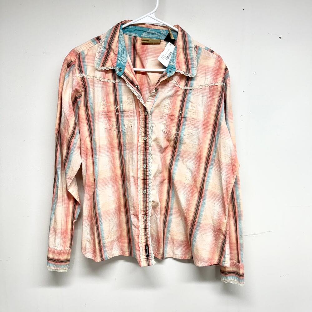 Wrangler Pearl Snap Button Front Lace Accent Plaid Collared Western Shirt XL